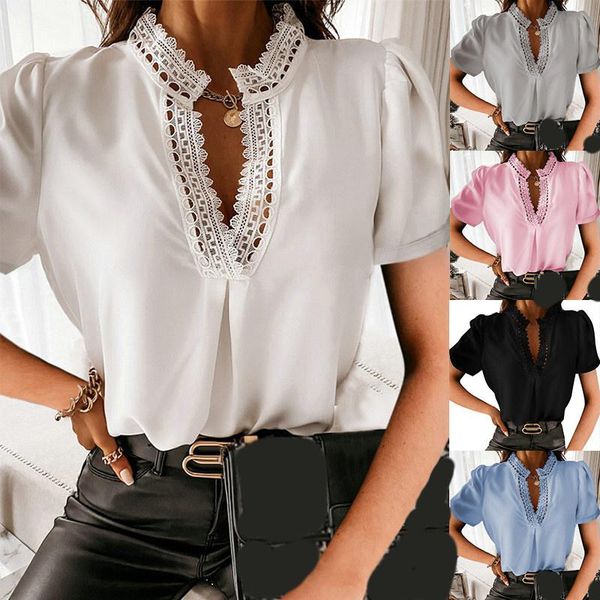 women's blouses & shirts fashion summer shirt blouse lace casual v-neck elegant solid short sleeve pullover office ladies loose, White
women's blouses & shirts fashion summer shirt blouse lace casual v-neck elegant solid short sleeve pullover office ladies loose, White