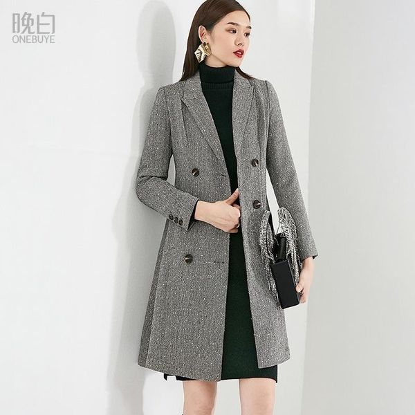 women's wool & blends 2021 winter fashion simple professional slim fit medium long suit woolen coat women, Black