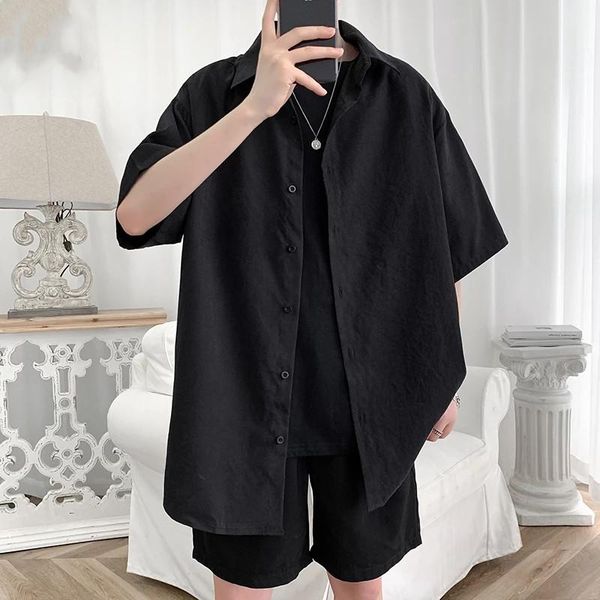 men's casual shirts streetwear shirt men solid cotton plus size short sleeve loose summer fashion korean mens clothes 2021, White;black
men's casual shirts streetwear shirt men solid cotton plus size short sleeve loose summer fashion korean mens clothes 2021, White;black