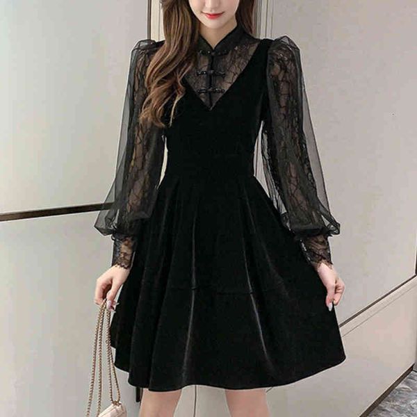 casual dresses autumn sweet vintage black pleuche perspective lace patchwork sleeved stand collar mini a-line veet hism, Black;gray
casual dresses autumn sweet vintage black pleuche perspective lace patchwork sleeved stand collar mini a-line veet hism, Black;gray