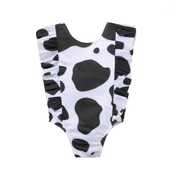 one-pieces kids swimsuits girls cow grain print o-neck sleeveless swimwear for summer 6 months-5 years, Black