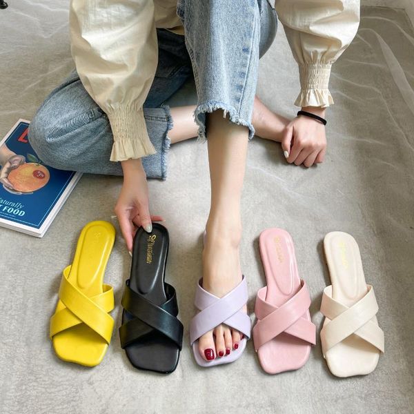 slippers cross sandals women's 2021 summer korean style candy color square toe flat bottom outdoor shoes a855, Black
slippers cross sandals women's 2021 summer korean style candy color square toe flat bottom outdoor shoes a855, Black
