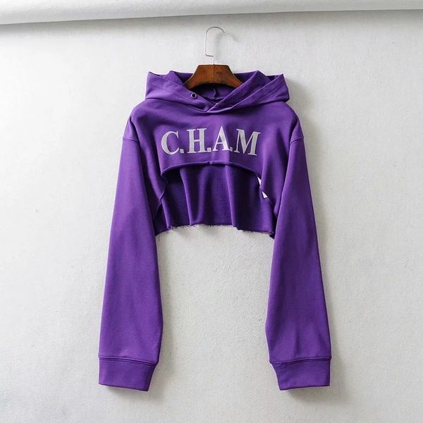 e girls ladies fashion letter print cute long sleeve front cut purple loose short hoodie, White
e girls ladies fashion letter print cute long sleeve front cut purple loose short hoodie, White