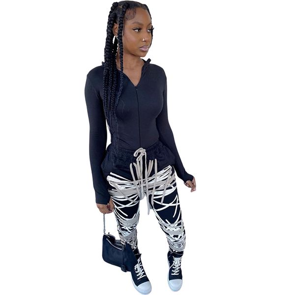 spring fall 2 piece sets womens outfits club outfits for women jacket and cross bandage dstring pants suit matching sets, Black;white
spring fall 2 piece sets womens outfits club outfits for women jacket and cross bandage dstring pants suit matching sets, Black;white