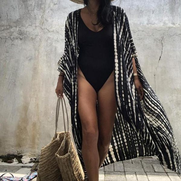 women's swimwear overcoat tie-dyed boho striped ladies black white long cardigan for beach, White;black
women's swimwear overcoat tie-dyed boho striped ladies black white long cardigan for beach, White;black