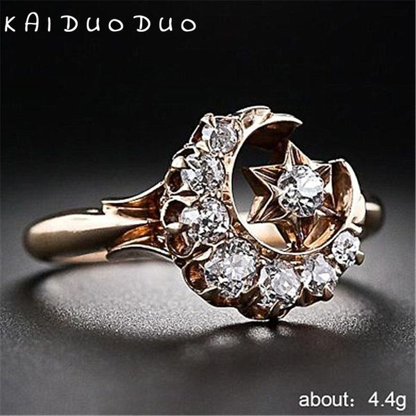 wedding rings frozen jewelry five-pointed star retro luxury and moon ring temperament female inlaid zircon 2021 knuckle, Slivery;golden