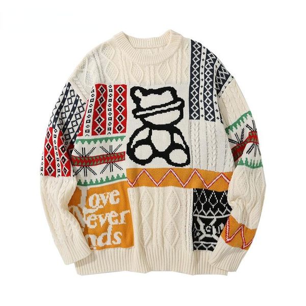 men's sweaters 2021 harajuku streetwear cartoon bear knitted color block jumpers hip hop casual sweater men fashion knitwear, White;black
men's sweaters 2021 harajuku streetwear cartoon bear knitted color block jumpers hip hop casual sweater men fashion knitwear, White;black