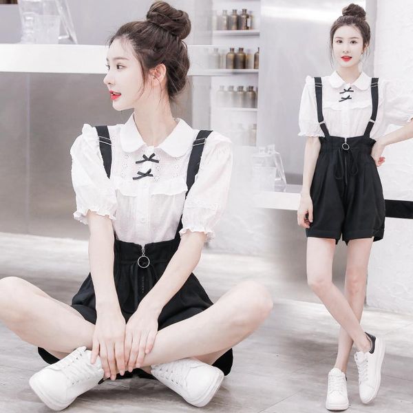 women's shorts 2021 summer korean loose net red small short sleeve shirt denim strap suit foreign style age reduction, White;black
women's shorts 2021 summer korean loose net red small short sleeve shirt denim strap suit foreign style age reduction, White;black