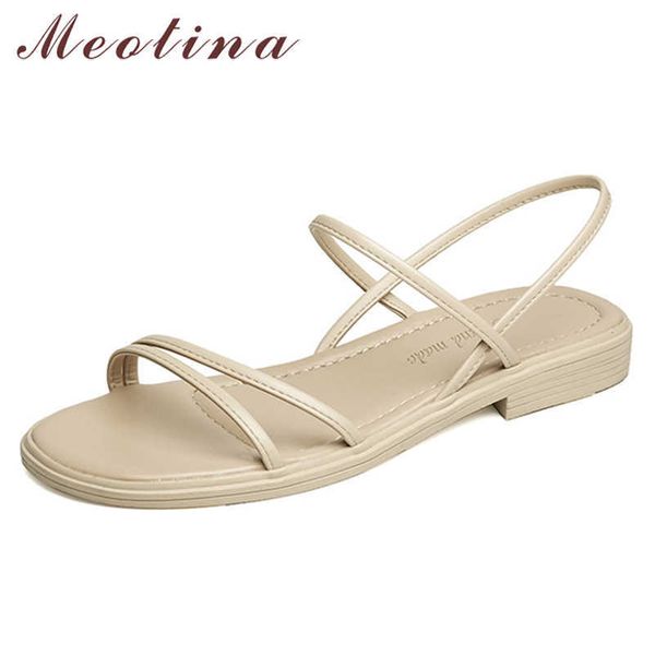 

meotina women sandals shoes narrow band sandals flat shoes round toe ladies footwear summer beach shoes apricot fashion 210608, Black