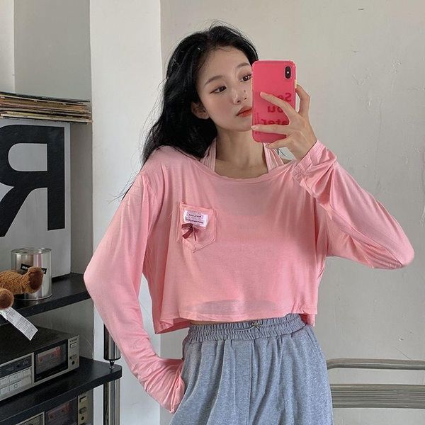 women's t-shirt summer two piece suspender vest net red sunscreen umbilical short thin long sleeve fashion, White
women's t-shirt summer two piece suspender vest net red sunscreen umbilical short thin long sleeve fashion, White