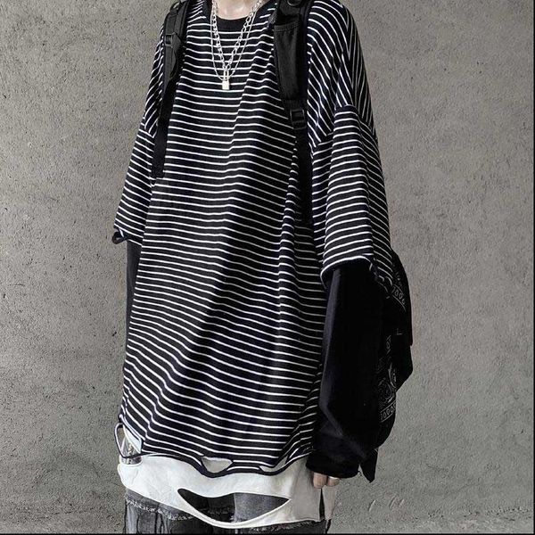 ripped hole women t shirt man contrast long sleeve striped look two piece style loose oversized street korean, White
ripped hole women t shirt man contrast long sleeve striped look two piece style loose oversized street korean, White