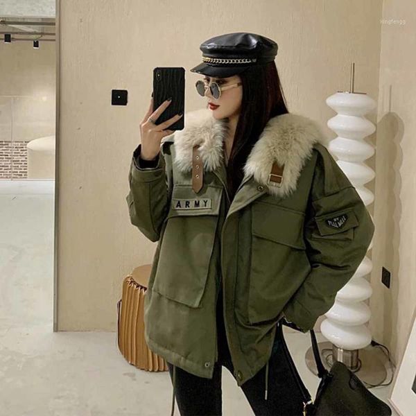 women's down & parkas winter big fur collar cotton-paddad parka loose tooling clothes cotton coat army green thicken jackets women, Black
women's down & parkas winter big fur collar cotton-paddad parka loose tooling clothes cotton coat army green thicken jackets women, Black
