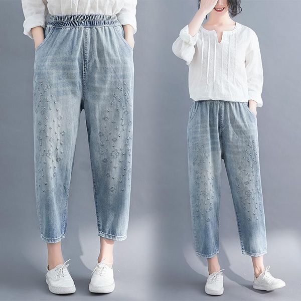 women's jeans 6383 women summer floral embroidery vintage casual loose boyfiend oversized ankie-length denim harlan pants cowboy -4xl, Blue 
women's jeans 6383 women summer floral embroidery vintage casual loose boyfiend oversized ankie-length denim harlan pants cowboy -4xl, Blue
