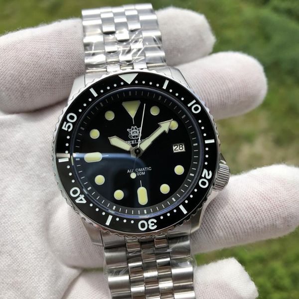 men automatic diver watch stainless steel 200m water resistant ceramic bezel fashion luminous wristwatches, Slivery;brown
men automatic diver watch stainless steel 200m water resistant ceramic bezel fashion luminous wristwatches, Slivery;brown