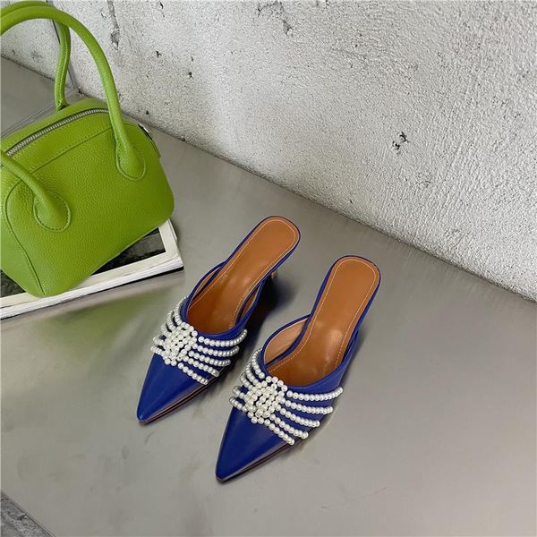 summer luxury women's slippers pointed toe pearl chain sandals and thin mid-heel shoes casual half mules, Black
summer luxury women's slippers pointed toe pearl chain sandals and thin mid-heel shoes casual half mules, Black