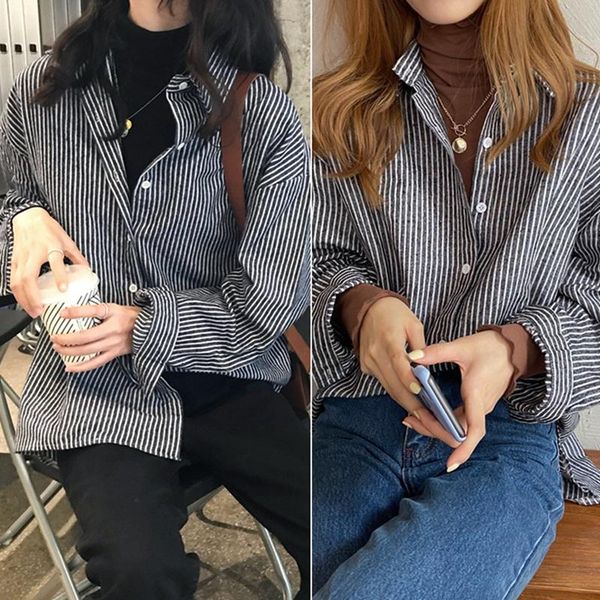 women's blouses & shirts loose and versatile brushed lapel striped long-sleeved shirt, White
women's blouses & shirts loose and versatile brushed lapel striped long-sleeved shirt, White