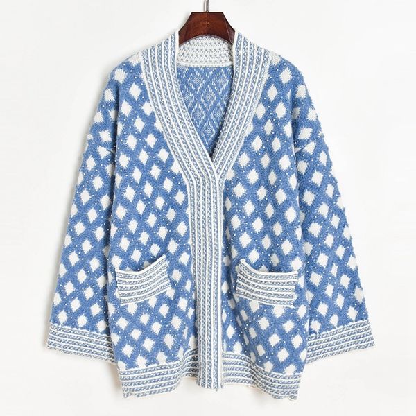 knits winter thick oversized women knitted jacket coat v-neck pearls beaded blue plaid long cardigan sweater, White
knits winter thick oversized women knitted jacket coat v-neck pearls beaded blue plaid long cardigan sweater, White