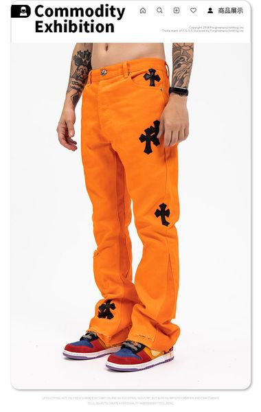 men's pants high street trendy brand cross embroidery silver buckle orange denim flared for men and women, Black
men's pants high street trendy brand cross embroidery silver buckle orange denim flared for men and women, Black