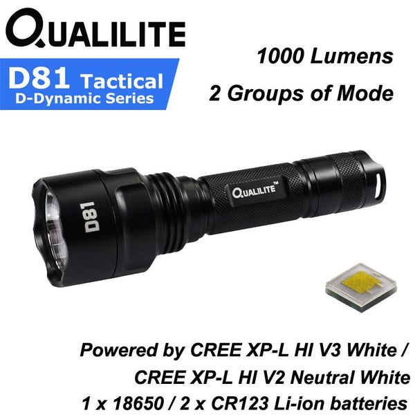 qualilite d81 cree xp-l hi 1000 lumens 2 groups of 3 to 5-mode led ( 1x18650 / 2xcr123 ) flashlights torches
qualilite d81 cree xp-l hi 1000 lumens 2 groups of 3 to 5-mode led ( 1x18650 / 2xcr123 ) flashlights torches