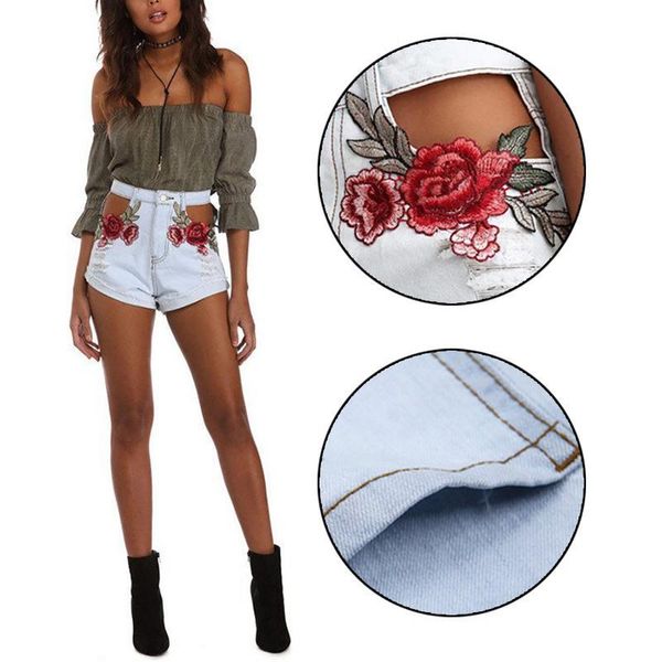 women's shorts 2021 applique embroidery high waist denim hole cuffs worn out fashion clothing, White;black
women's shorts 2021 applique embroidery high waist denim hole cuffs worn out fashion clothing, White;black