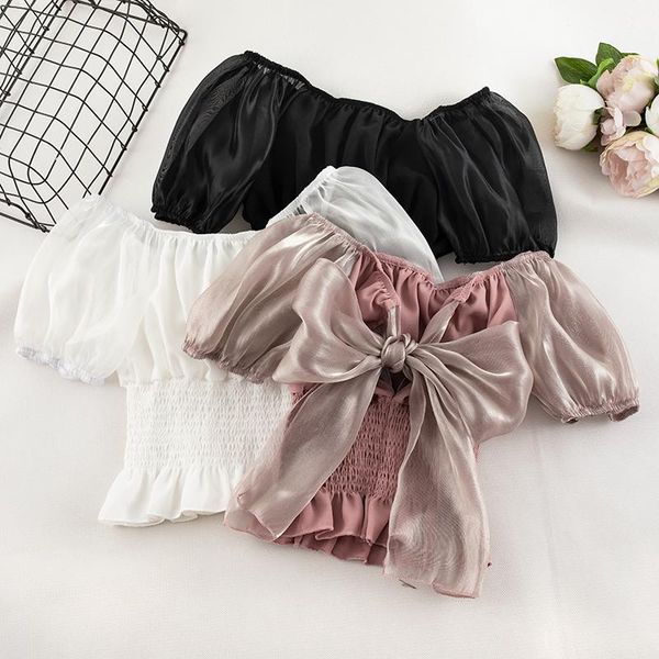 summer women slash neck puff sleeve basic chiffon ruffles bow shirt lady short elastic slim bandage strap gauze mesh blouse women's bl, White
summer women slash neck puff sleeve basic chiffon ruffles bow shirt lady short elastic slim bandage strap gauze mesh blouse women's bl, White