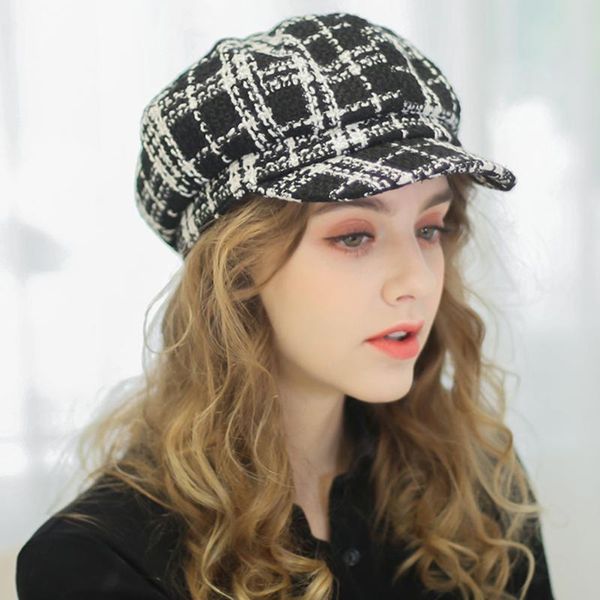 berets black white plaid octagonal hat satin simple classic casual street autumn winter small brim women, Blue;gray
berets black white plaid octagonal hat satin simple classic casual street autumn winter small brim women, Blue;gray