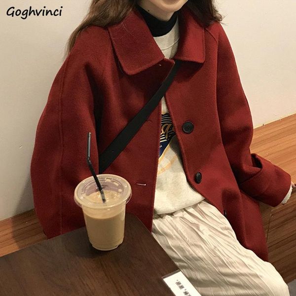 women's wool & blends winter women woolen coats turn-down collar single breasted large size 3xl loose bf ulzzang student solid all-matc, Black