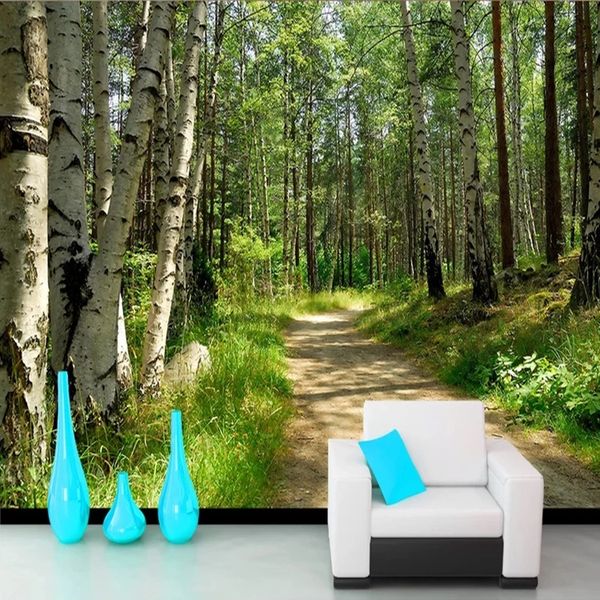 

custom murals wallpaper 3d green forest birch path p wall painting living room tv sofa background decor