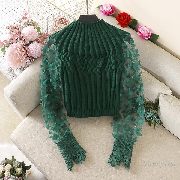 short sweater women three-dimensional butterfly puff sleeve skinny slim mesh patchwork round neck women's sweaters, White;black
short sweater women three-dimensional butterfly puff sleeve skinny slim mesh patchwork round neck women's sweaters, White;black