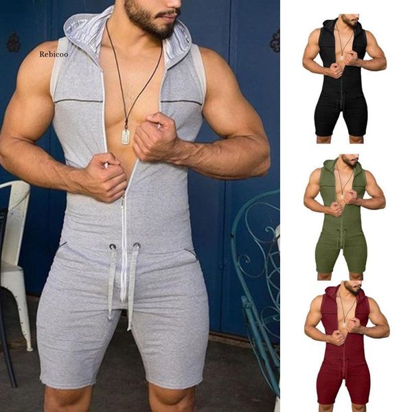 men's hoodies & sweatshirts mens one piece tight fitness jumpsuit zipper sleeveless hooded rompers with pockets male fashion summer, Black 
men's hoodies & sweatshirts mens one piece tight fitness jumpsuit zipper sleeveless hooded rompers with pockets male fashion summer, Black