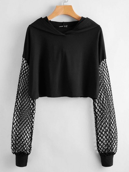 fishnet sleeve crop hoodie e0ro#, White;black 
fishnet sleeve crop hoodie e0ro#, White;black