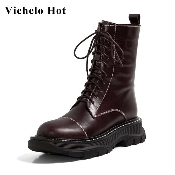 boots vichelo flat platform genuine leather round toe riding cross-tied handsome young lady streetwear cozy ankle l9f5, Black