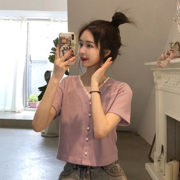 women's t-shirt internet celebrity lace knitted cardigan short sleeve ins trendy super- purple v-collar with, White
women's t-shirt internet celebrity lace knitted cardigan short sleeve ins trendy super- purple v-collar with, White