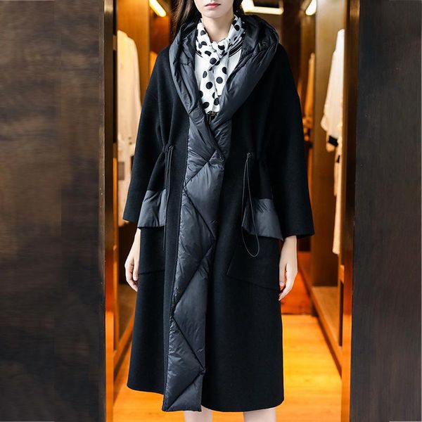 women's wool & blends fashion cashmere double-sided coat 2021 winter ladies patchwork down hooded long coats cold-proof warm outerwear, Black
women's wool & blends fashion cashmere double-sided coat 2021 winter ladies patchwork down hooded long coats cold-proof warm outerwear, Black