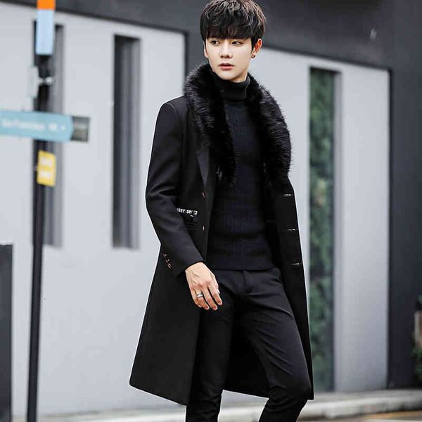 men's wool & blends winter woolen fur collar long coat warm outwear slim trench chaqueta invierno hombre 312g, Black
men's wool & blends winter woolen fur collar long coat warm outwear slim trench chaqueta invierno hombre 312g, Black
