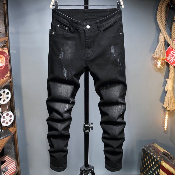 jeans style wind cat beard small straight tube men's micro elastic black embroidered trend pants, Blue
jeans style wind cat beard small straight tube men's micro elastic black embroidered trend pants, Blue