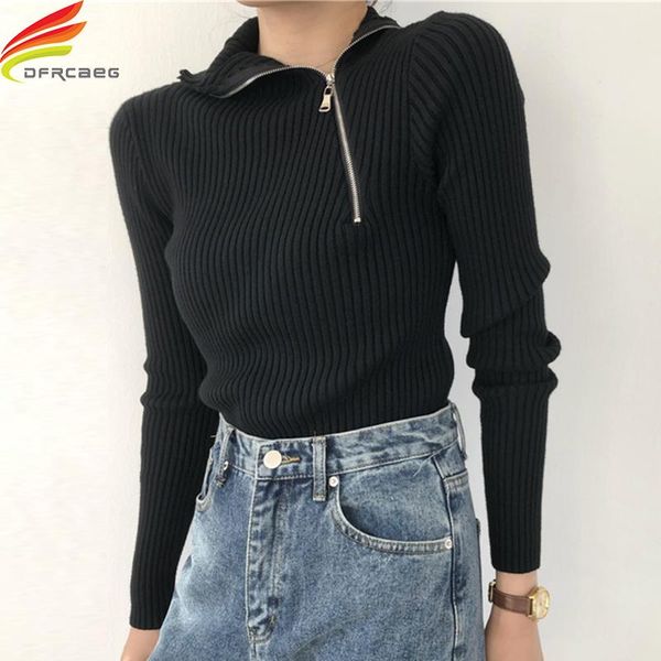women's sweaters 2021 autumn winter turtleneck women and pullovers rib knit khaki gray black woman sweater zipper up, White;black