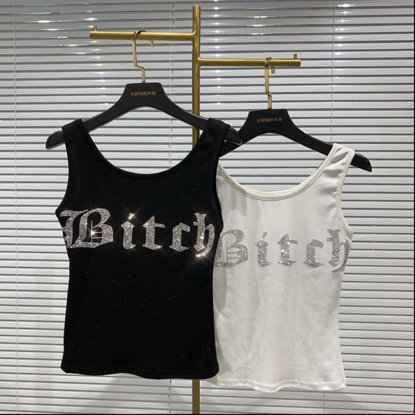 summer sleeveless o neck womens tank print rhinestone letters short mj600, White 
summer sleeveless o neck womens tank print rhinestone letters short mj600, White