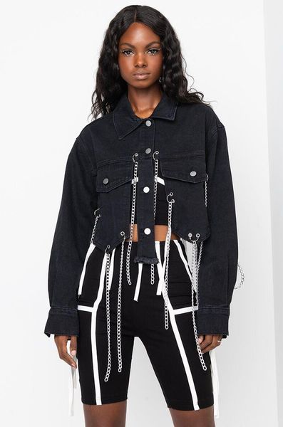 women's jackets fall 2021 style personality metal hanging chain tassel short shawl black denim jacket female sexy, Black;brown
women's jackets fall 2021 style personality metal hanging chain tassel short shawl black denim jacket female sexy, Black;brown