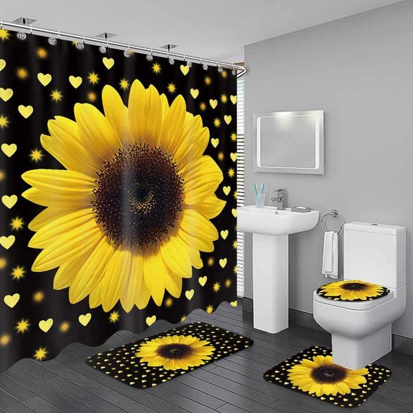 4pcs/set shower curtain sunflower love dots print bathroom waterproof toilet cover mat non-slip rug set bathtub decor curtains