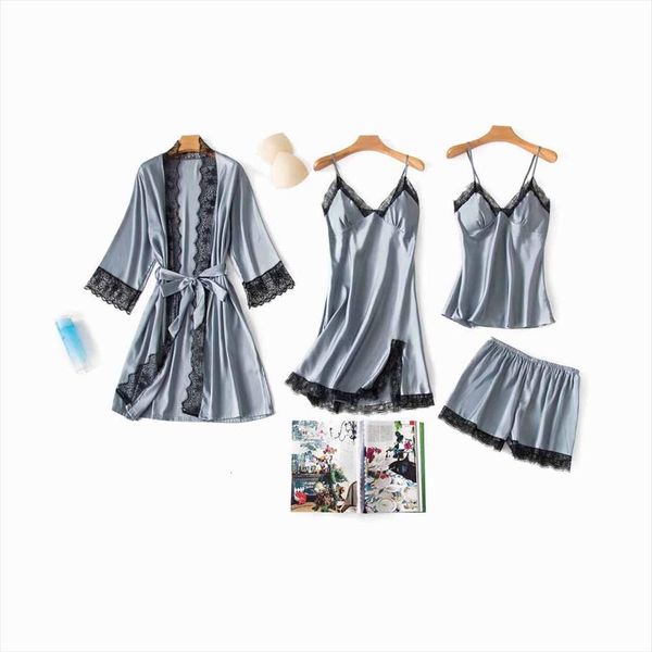 lace solid color womens sleepwears long sleeve night robe v neck sleeveless dress pants 4pc nightwear set pink gray, Black;red
lace solid color womens sleepwears long sleeve night robe v neck sleeveless dress pants 4pc nightwear set pink gray, Black;red
