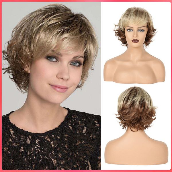 ladies short wavy blonde brown mixed synthetic wig with bangs heat resistant fiber wigs for women nature looking daily party use, Black
ladies short wavy blonde brown mixed synthetic wig with bangs heat resistant fiber wigs for women nature looking daily party use, Black