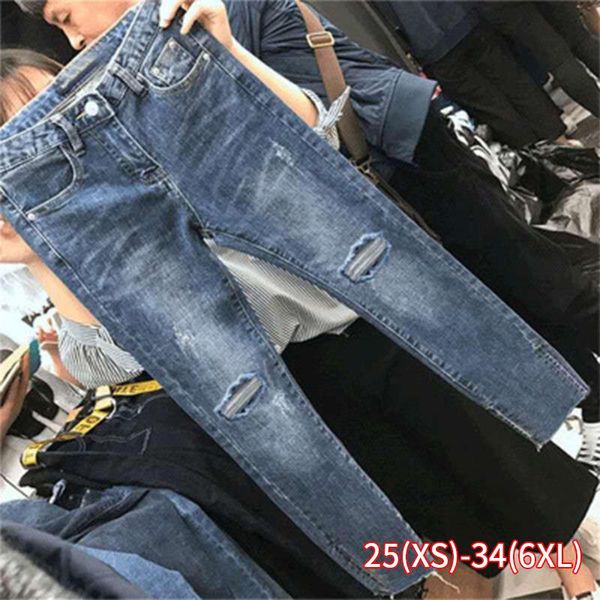 women's jeans high-waisted women ankle length stretch hole large size tight korean students woman skinny pencil pants, Blue
women's jeans high-waisted women ankle length stretch hole large size tight korean students woman skinny pencil pants, Blue