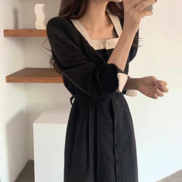 height length black elegant woman dress square neck bandage waist sleeve button, Black;gray
height length black elegant woman dress square neck bandage waist sleeve button, Black;gray