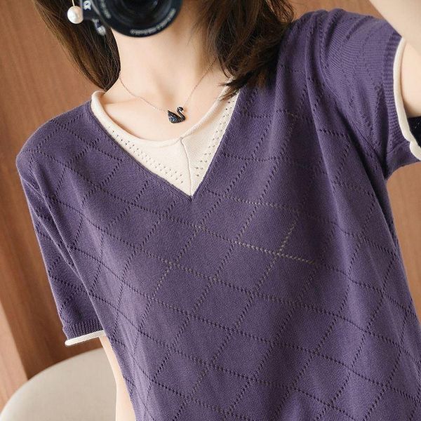 women's t-shirt plaid hollow out knit short sleeve patchwork neck losse fit summer casual top, White
women's t-shirt plaid hollow out knit short sleeve patchwork neck losse fit summer casual top, White