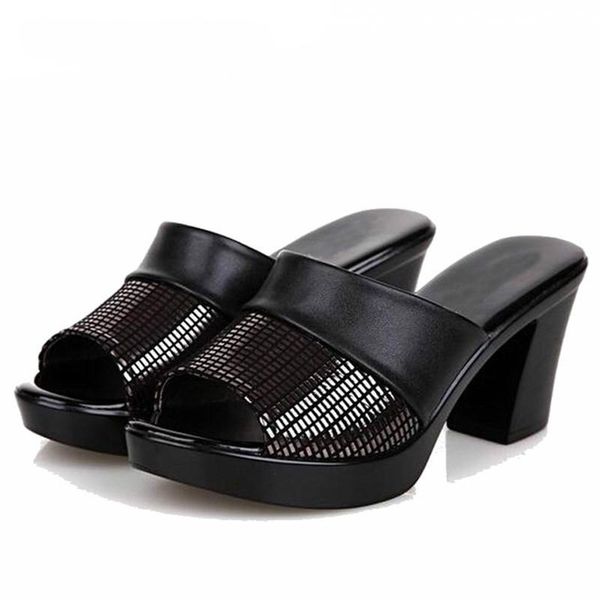 women sandals slippers genuine leather thick high-heeled color block decoration open toe, Black
women sandals slippers genuine leather thick high-heeled color block decoration open toe, Black