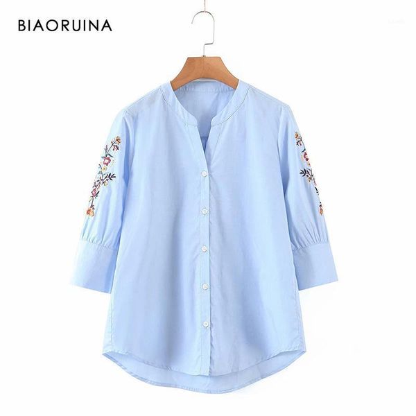 women's blouses & shirts biaoruina v-neck single breasted floral embroidery blue casual shirt three quarter sleeve loose elegant blouse, White
women's blouses & shirts biaoruina v-neck single breasted floral embroidery blue casual shirt three quarter sleeve loose elegant blouse, White