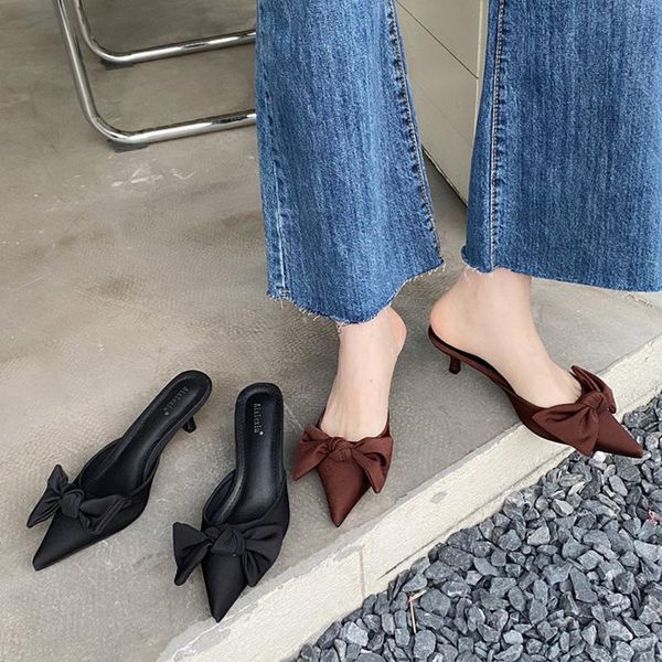 women butterfly knots low heels slides slip on mules designer silk kitten high slippers party shoes, Black
women butterfly knots low heels slides slip on mules designer silk kitten high slippers party shoes, Black