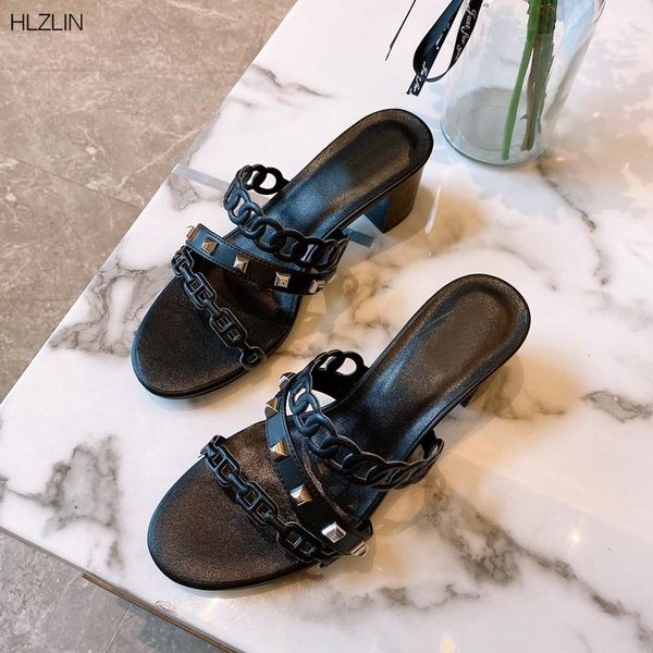slippers square thick heel high-heeled ladies rivet color chain sandals summer party shoes plus size leather, Black
slippers square thick heel high-heeled ladies rivet color chain sandals summer party shoes plus size leather, Black