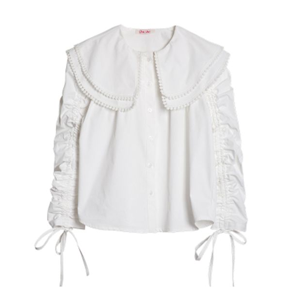 women white shirt peter pan collar ruched drawstring single-breasted long sleeve solid blouse b0781 210514
women white shirt peter pan collar ruched drawstring single-breasted long sleeve solid blouse b0781 210514